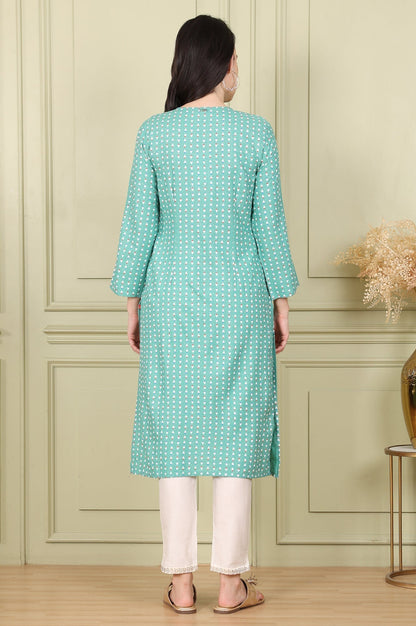 W for Woman Green Glitter Geometric Printed Rayon Straight Kurta