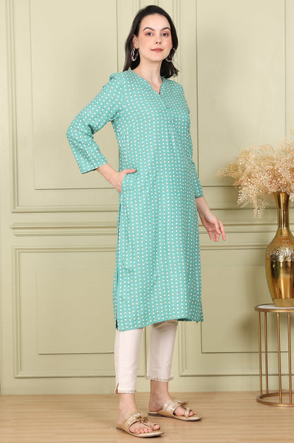 W for Woman Green Glitter Geometric Printed Rayon Straight Kurta