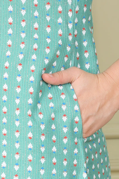 W for Woman Green Glitter Geometric Printed Rayon Straight Kurta