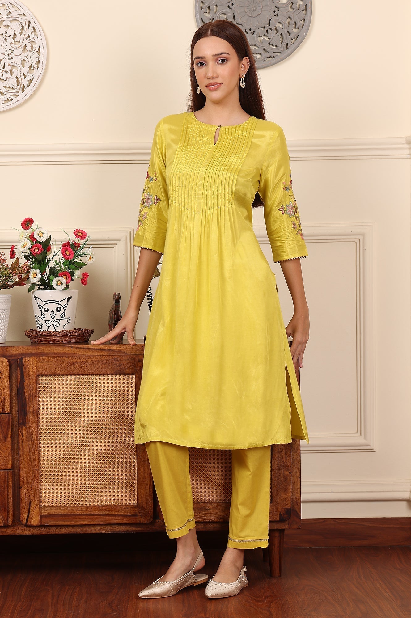 W for Woman Yellow Pleated Yoke Shantun Kurta With Embroidery