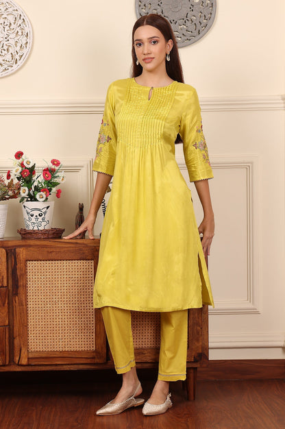 W for Woman Yellow Pleated Yoke Shantun Kurta With Embroidery