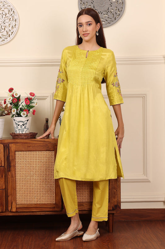 W for Woman Yellow Pleated Yoke Shantun Kurta With Embroidery