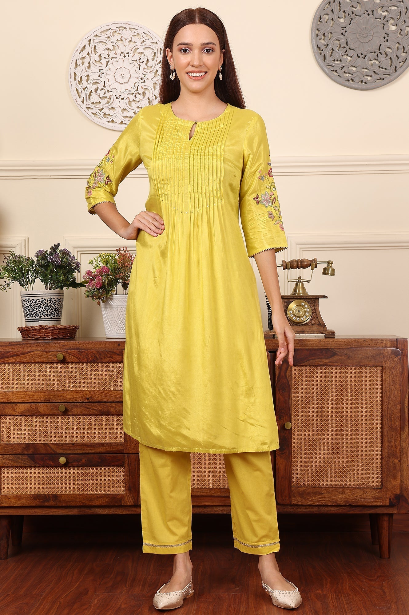 W for Woman Yellow Pleated Yoke Shantun Kurta With Embroidery
