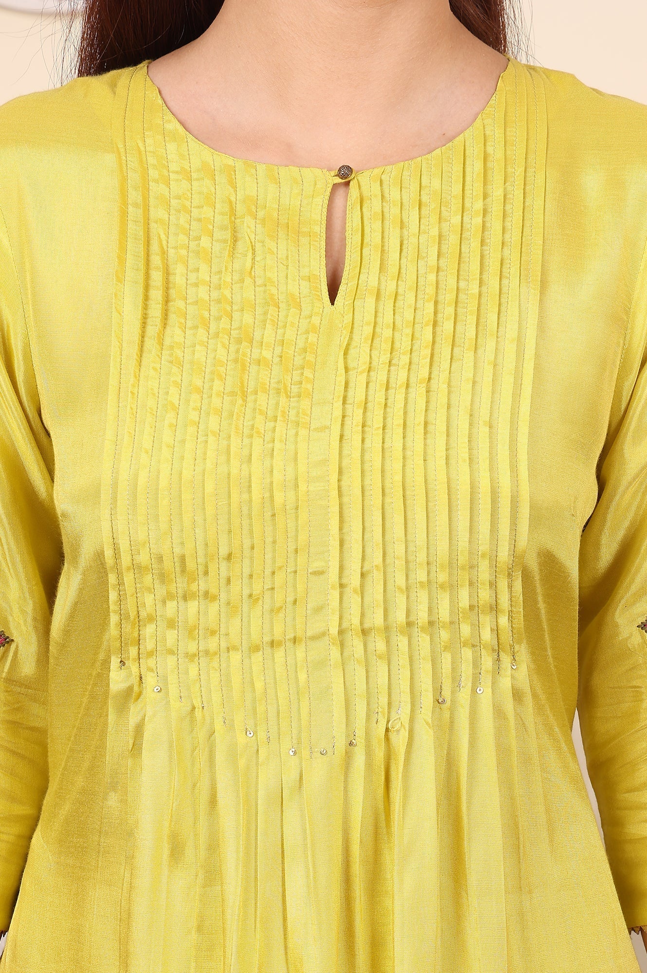 W for Woman Yellow Pleated Yoke Shantun Kurta With Embroidery