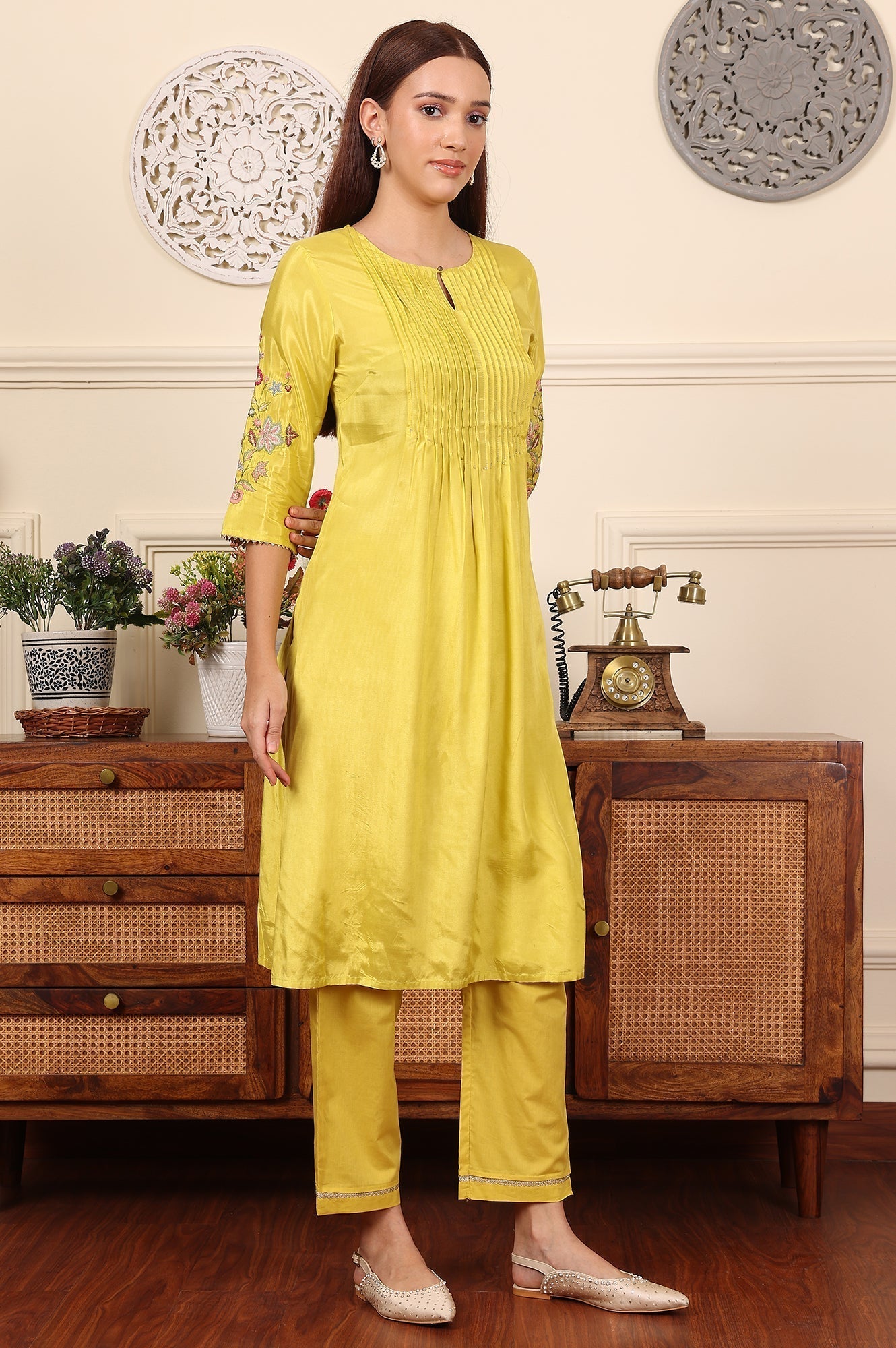 W for Woman Yellow Pleated Yoke Shantun Kurta With Embroidery