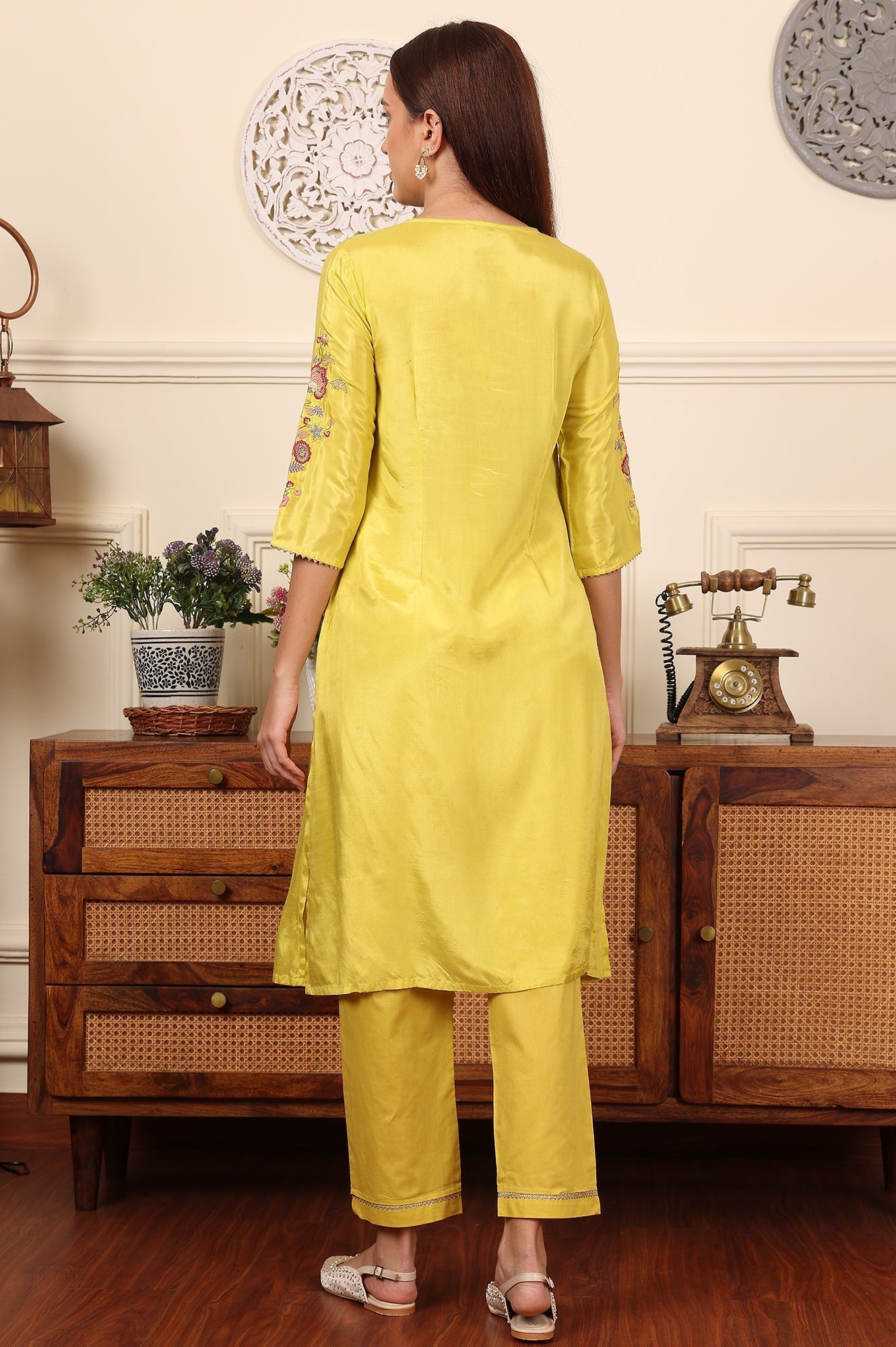 W for Woman Yellow Pleated Yoke Shantun Kurta With Embroidery