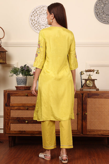 W for Woman Yellow Pleated Yoke Shantun Kurta With Embroidery