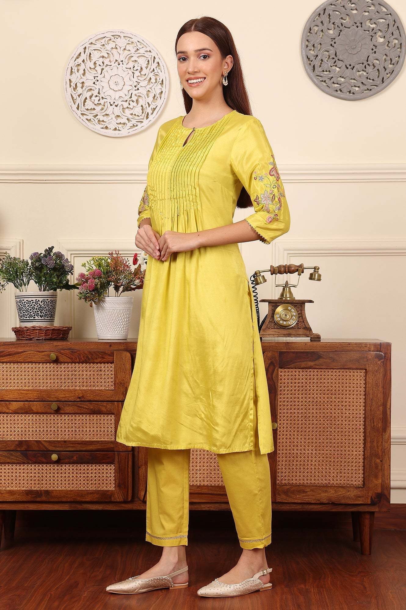 W for Woman Yellow Pleated Yoke Shantun Kurta With Embroidery