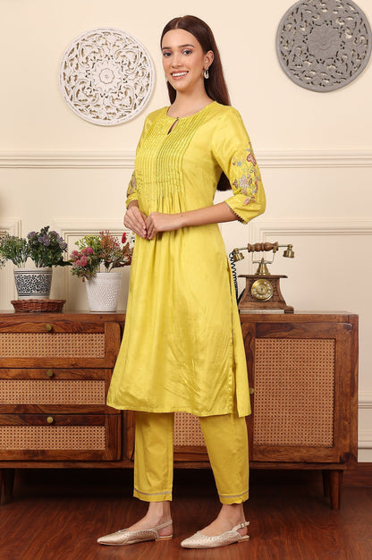 W for Woman Yellow Pleated Yoke Shantun Kurta With Embroidery