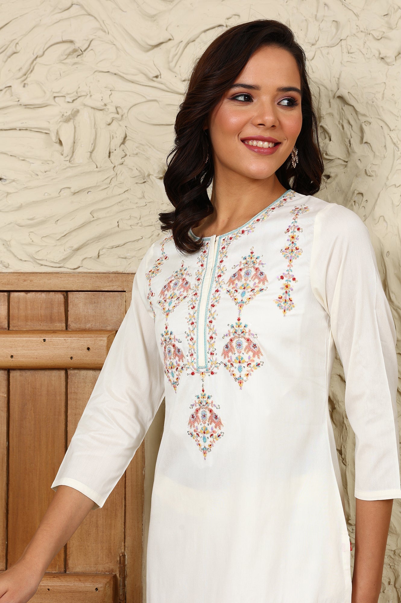 W for Woman White Festive Straight Kurta With Multi-Coloured Embroidery On Yoke