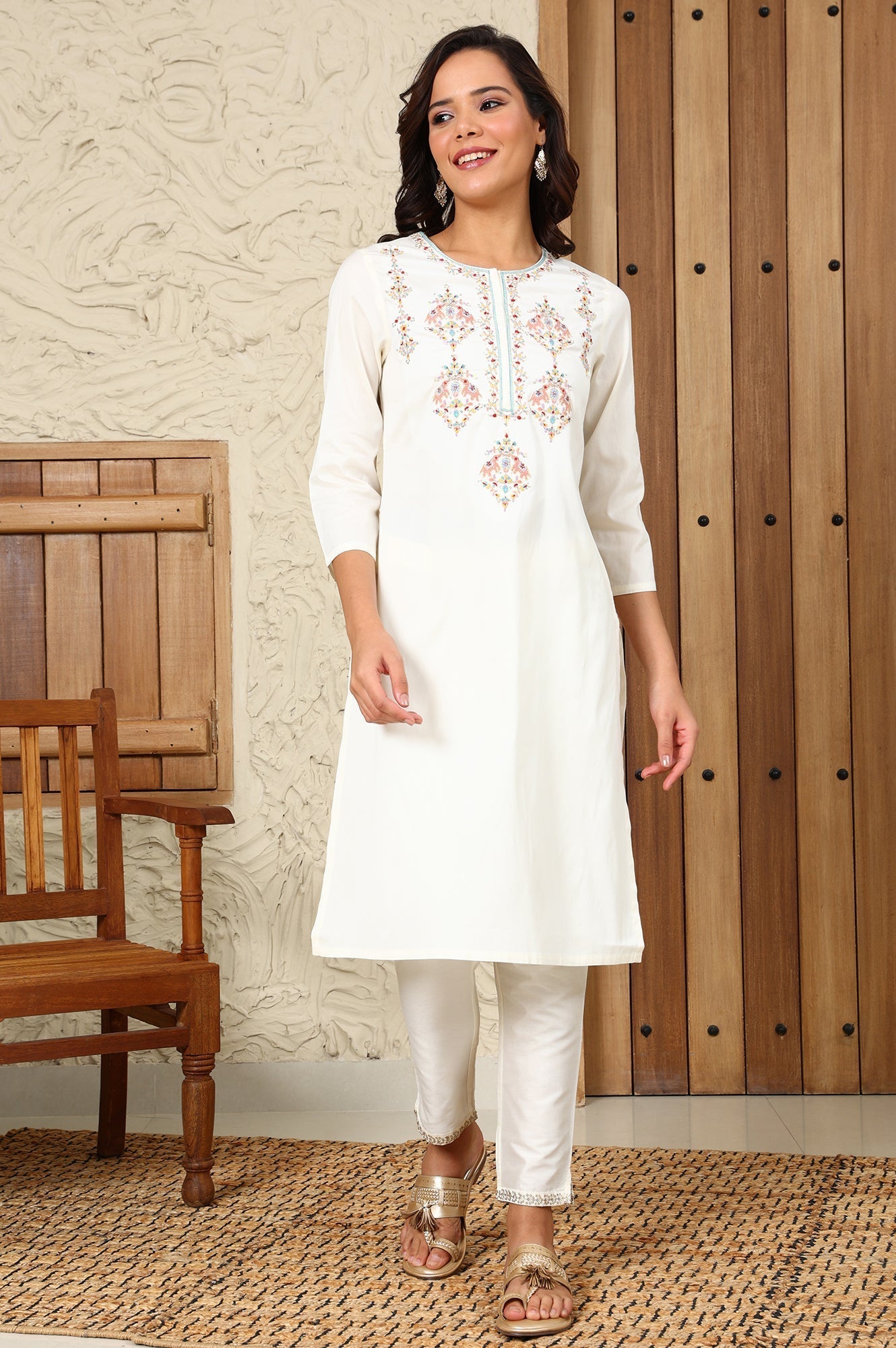 W for Woman White Festive Straight Kurta With Multi-Coloured Embroidery On Yoke