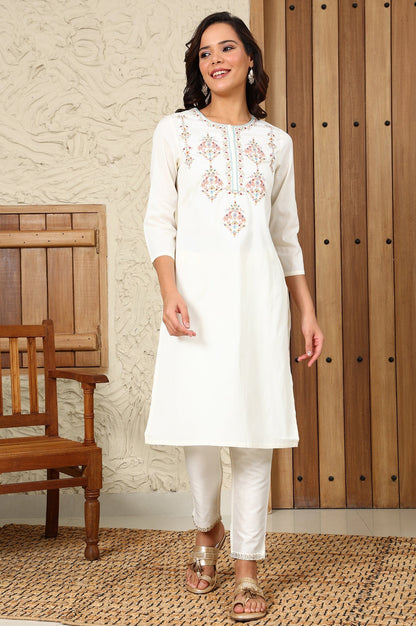 W for Woman White Festive Straight Kurta With Multi-Coloured Embroidery On Yoke