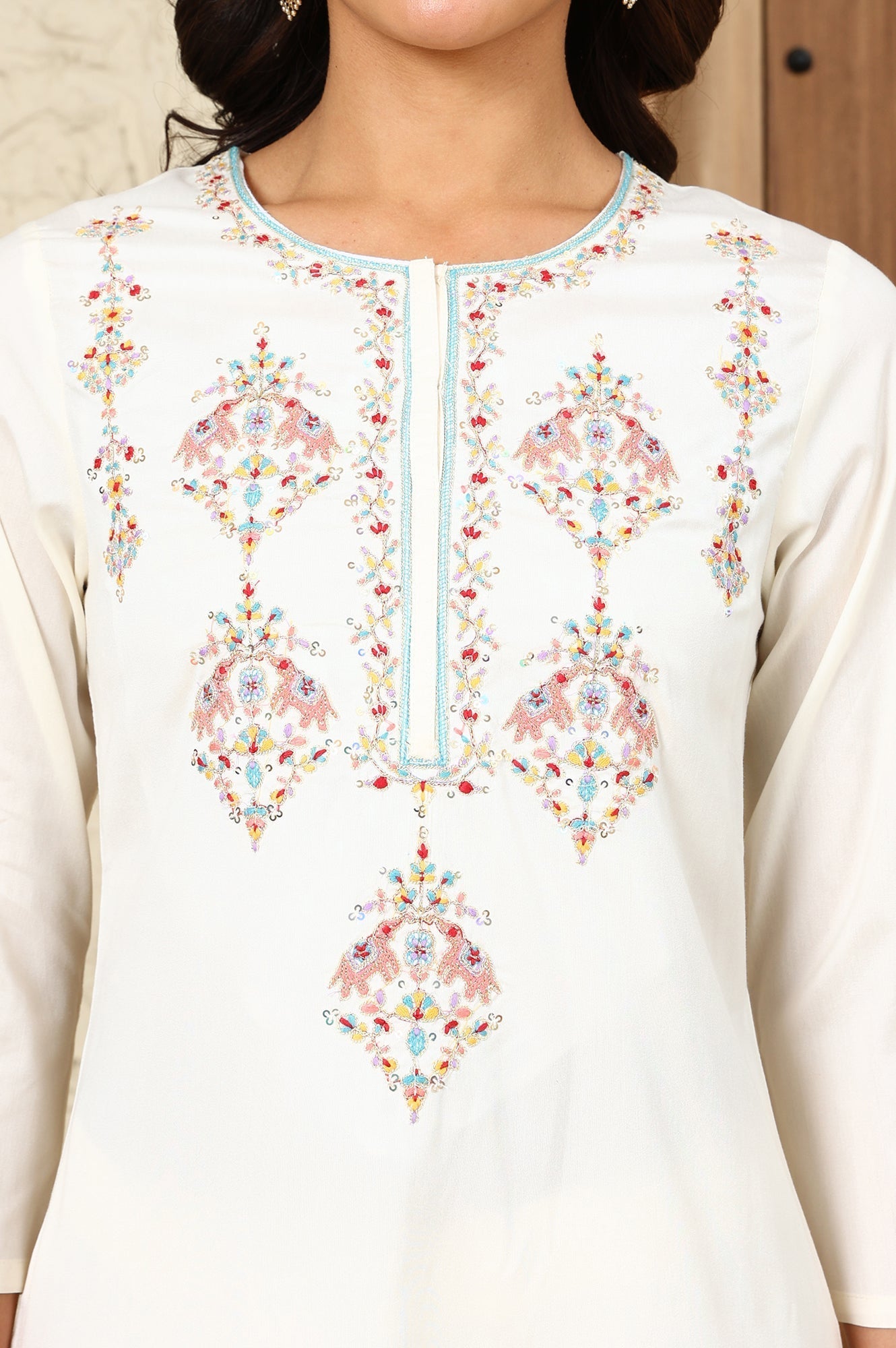 W for Woman White Festive Straight Kurta With Multi-Coloured Embroidery On Yoke