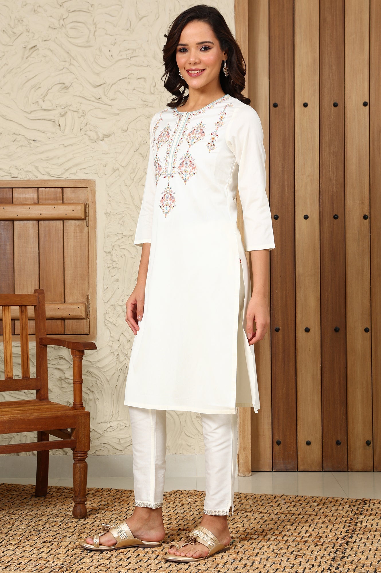 W for Woman White Festive Straight Kurta With Multi-Coloured Embroidery On Yoke