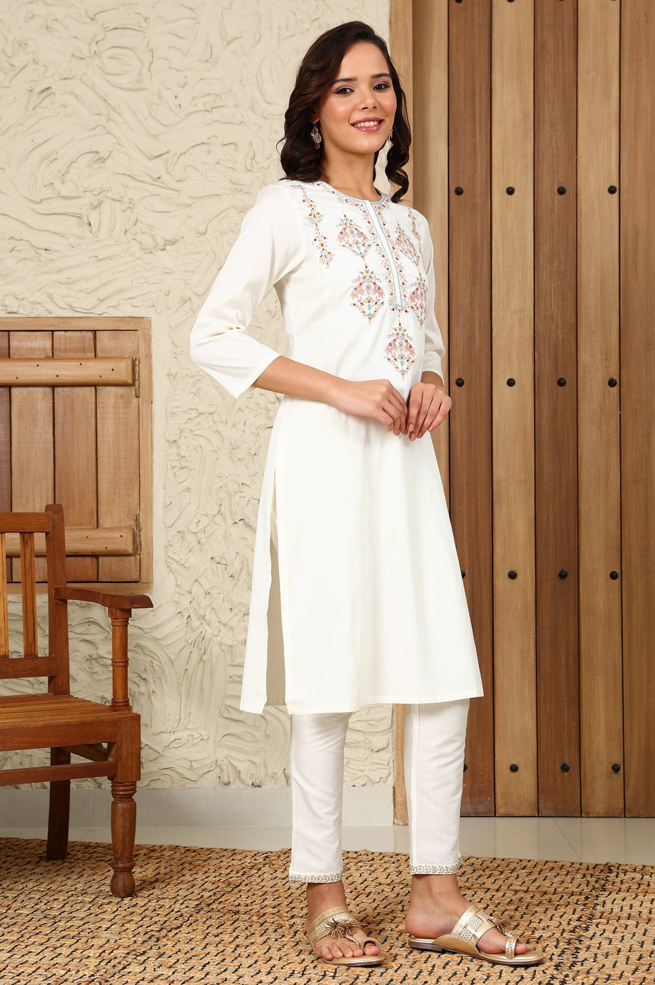 W for Woman White Festive Straight Kurta With Multi-Coloured Embroidery On Yoke