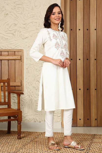 W for Woman White Festive Straight Kurta With Multi-Coloured Embroidery On Yoke