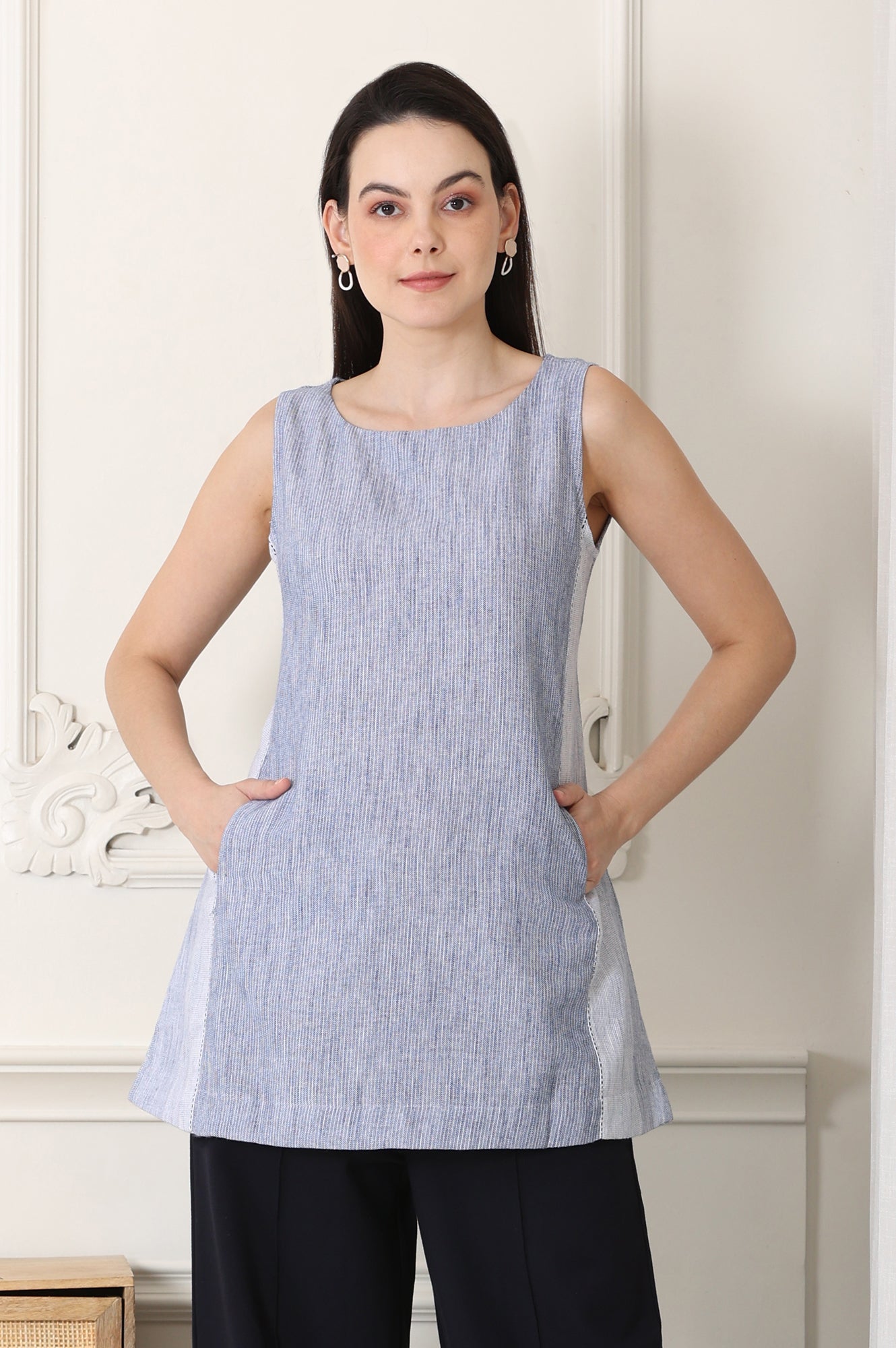 W for Woman Deep Blue Yarn-Dyed Pure Cotton Sleeveless Tank Top