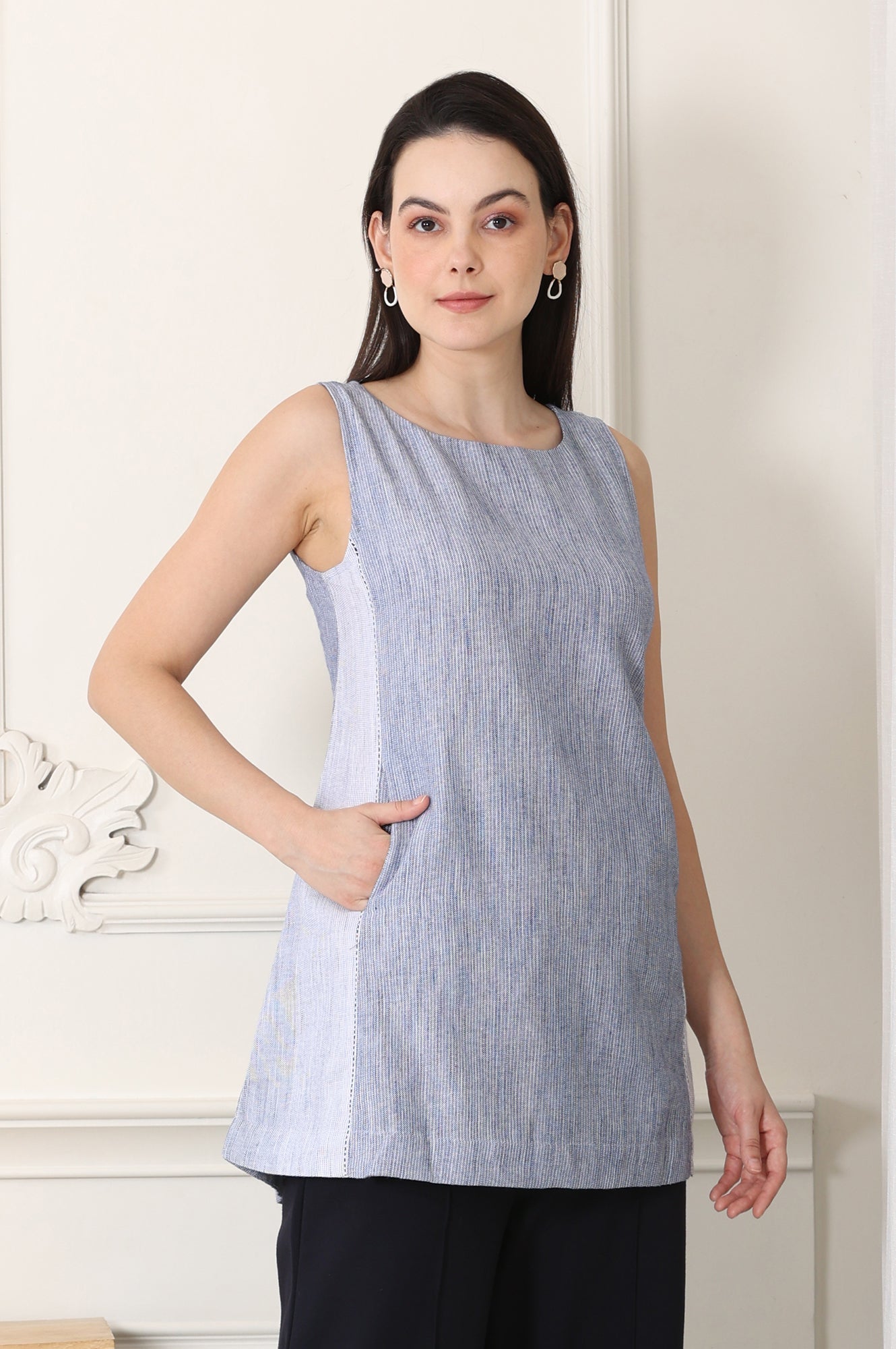 W for Woman Deep Blue Yarn-Dyed Pure Cotton Sleeveless Tank Top