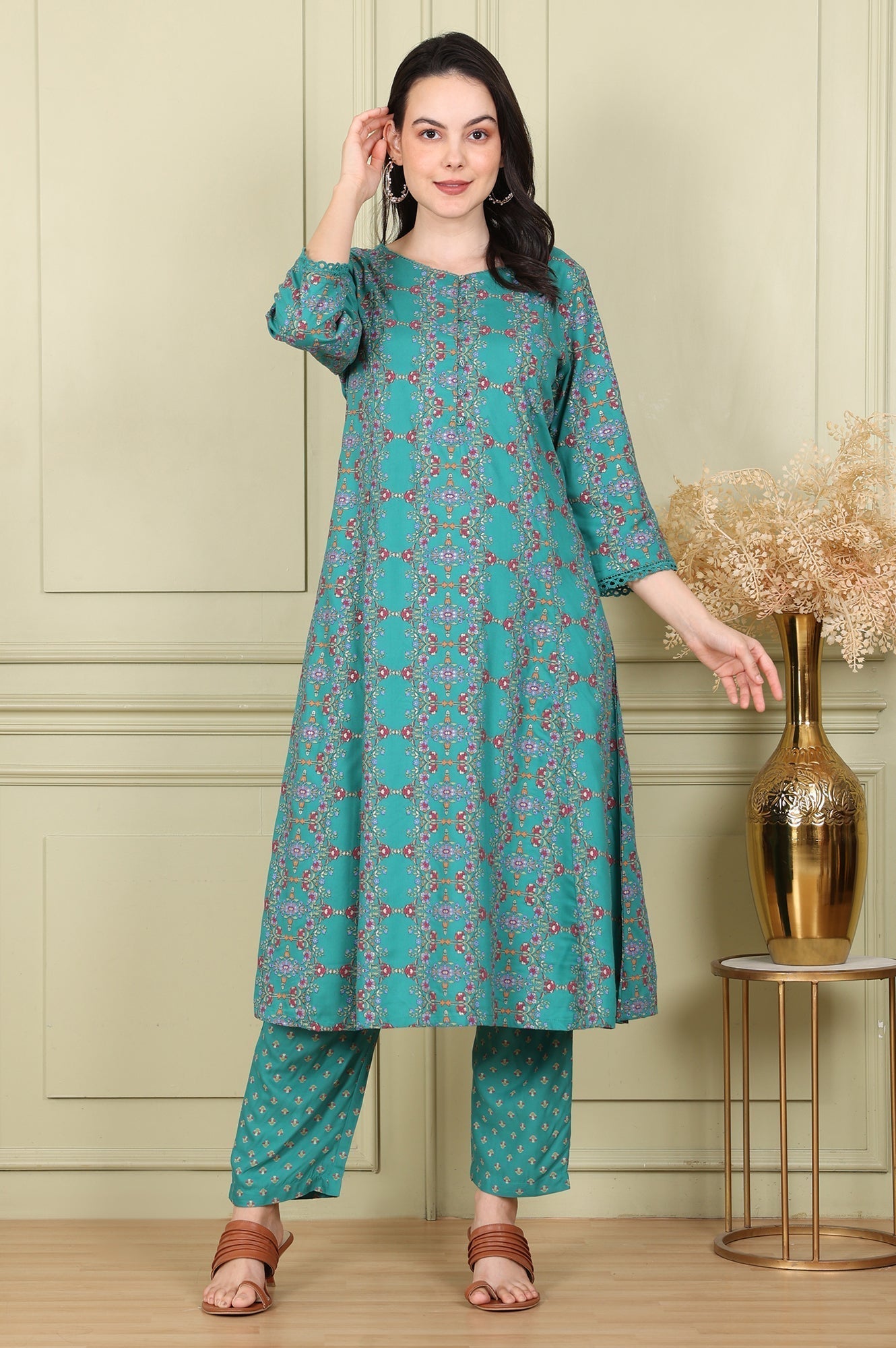 W for Woman Blue Floral Printed Flared Rayon Kurta And Straight Pants Set