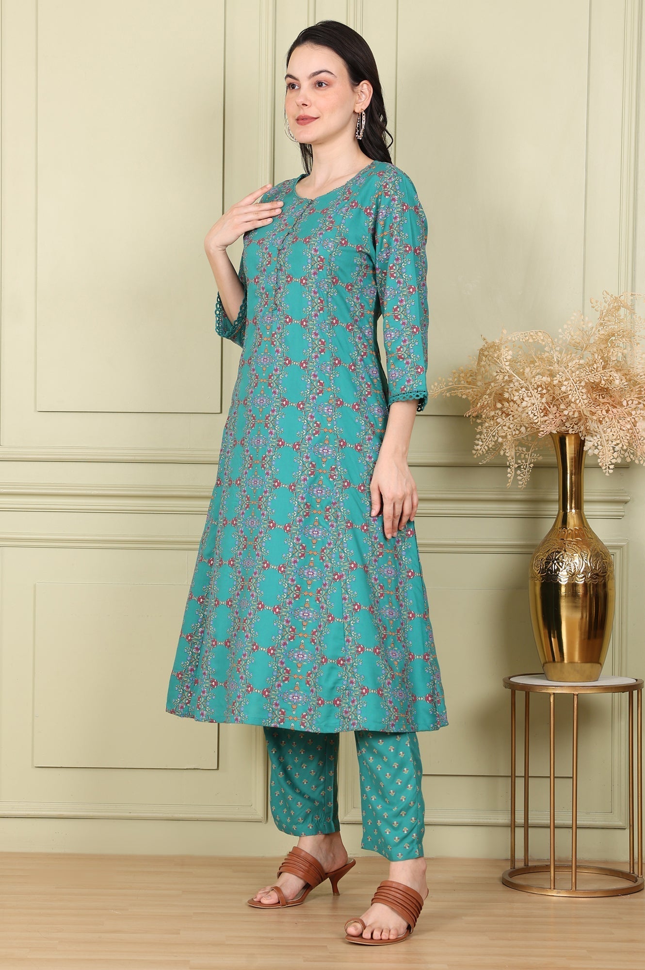 W for Woman Blue Floral Printed Flared Rayon Kurta And Straight Pants Set