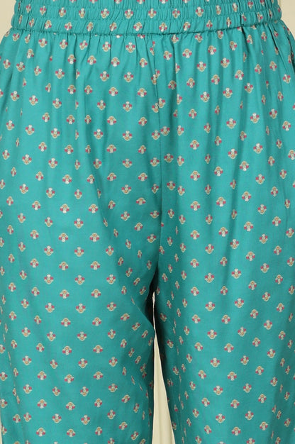 W for Woman Blue Floral Printed Flared Rayon Kurta And Straight Pants Set