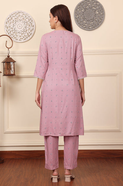 W for Woman Pink Floral Printed Thread Embroidered Rayon Kurta And Pants Co-Ord Set