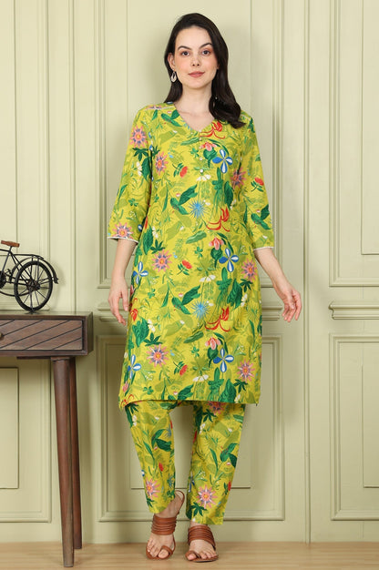 W for Woman Green Floral Printed Pure Cotton Straight Kurta And Pants Co-Ord Set