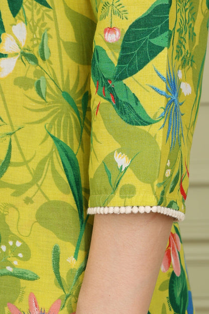 W for Woman Green Floral Printed Pure Cotton Straight Kurta And Pants Co-Ord Set
