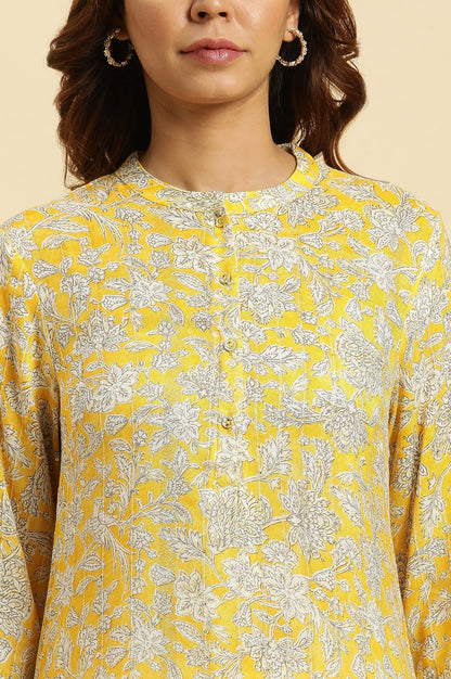 W for Woman Yellow Floral Printed A-line Kurta with Parallel Pant Set
