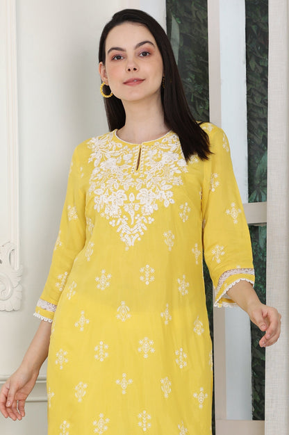 W for Woman Yellow Floral Printed Dull Shantung Chikankari Straight Kurta
