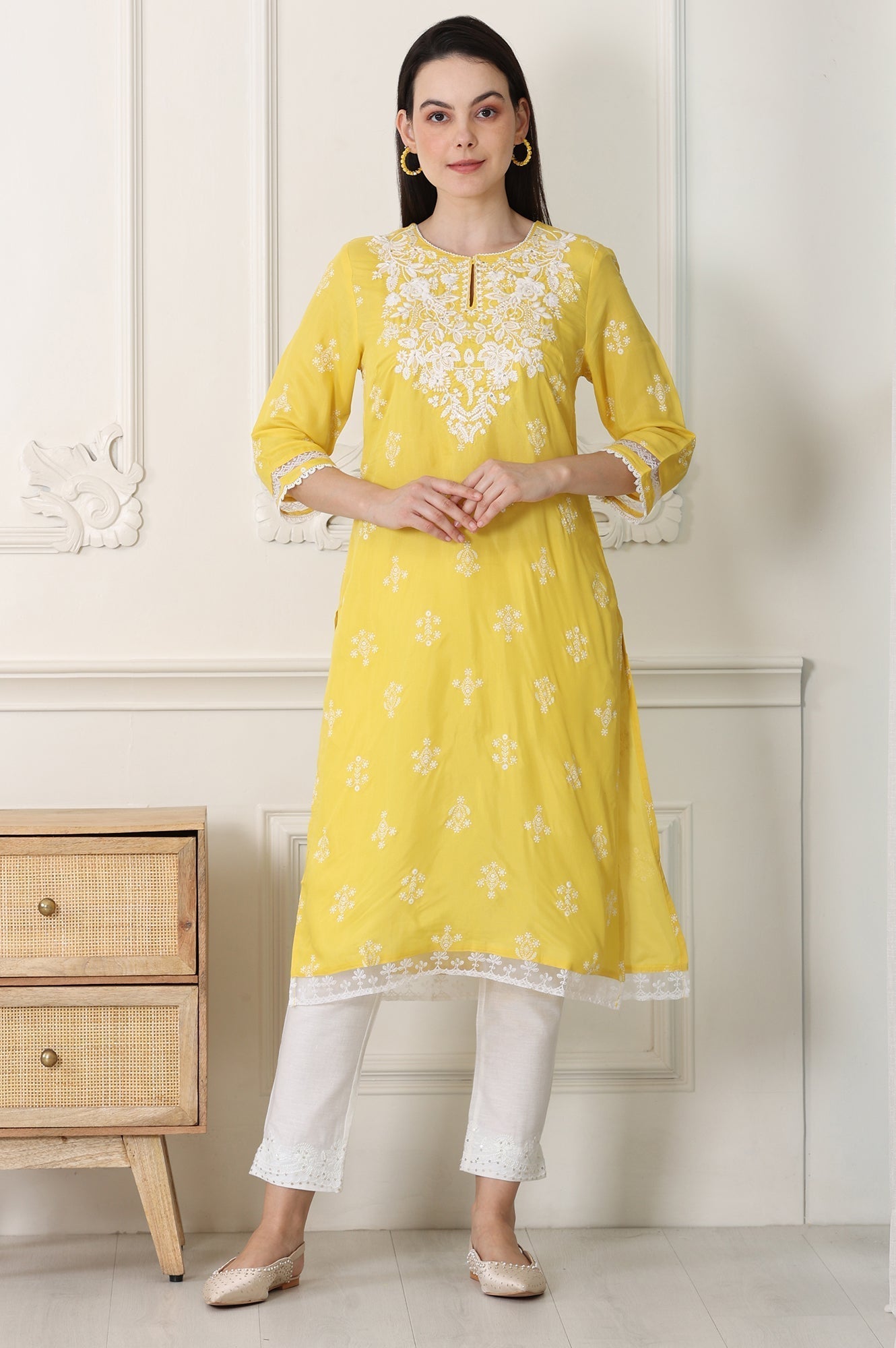 W for Woman Yellow Floral Printed Dull Shantung Chikankari Straight Kurta