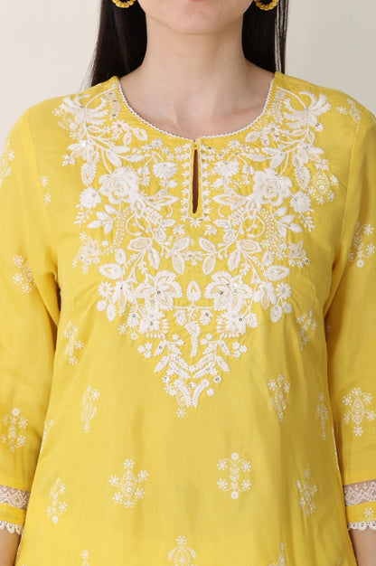 W for Woman Yellow Floral Printed Dull Shantung Chikankari Straight Kurta