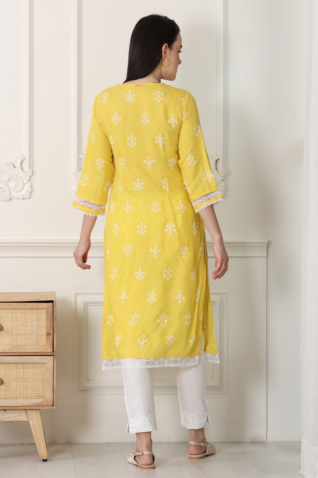 W for Woman Yellow Floral Printed Dull Shantung Chikankari Straight Kurta