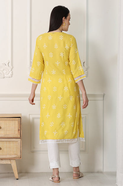 W for Woman Yellow Floral Printed Dull Shantung Chikankari Straight Kurta