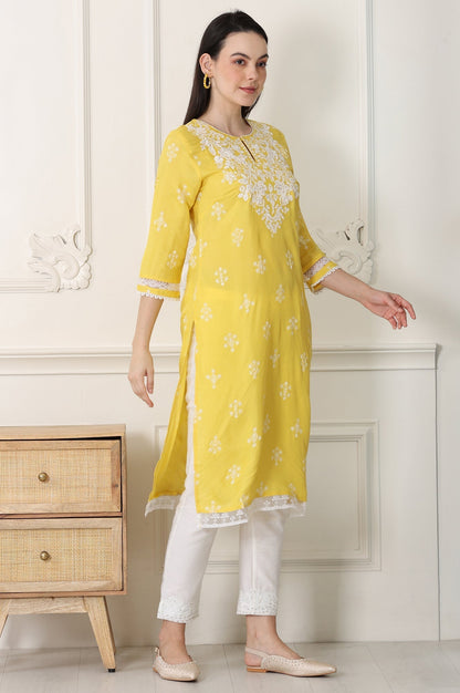 W for Woman Yellow Floral Printed Dull Shantung Chikankari Straight Kurta
