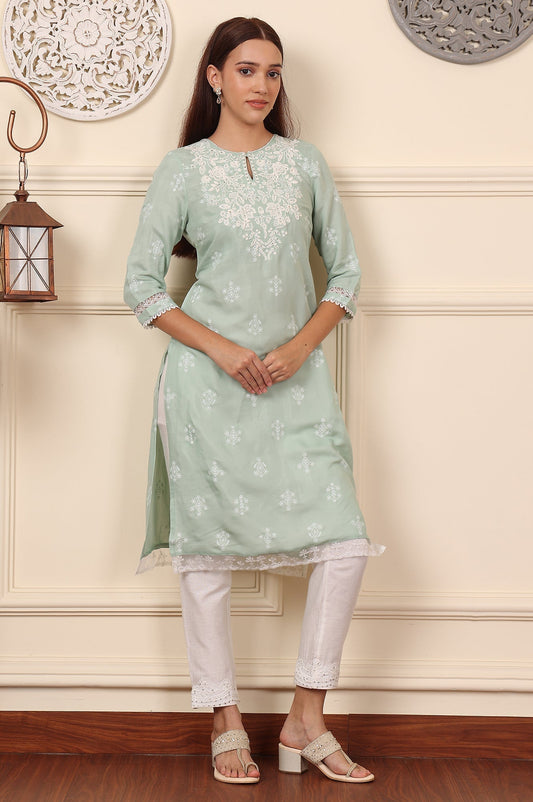 W for Woman Mint Green Floral Printed Chikankari Straight Kurta