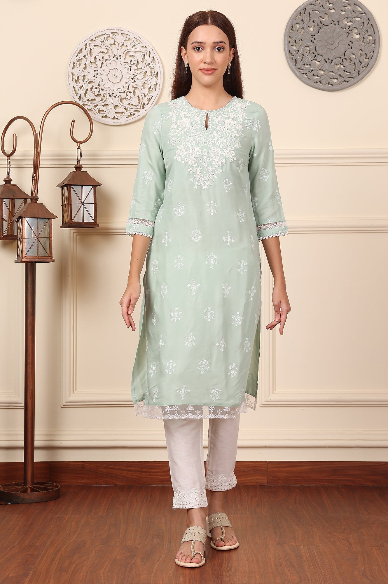 W for Woman Mint Green Floral Printed Chikankari Straight Kurta