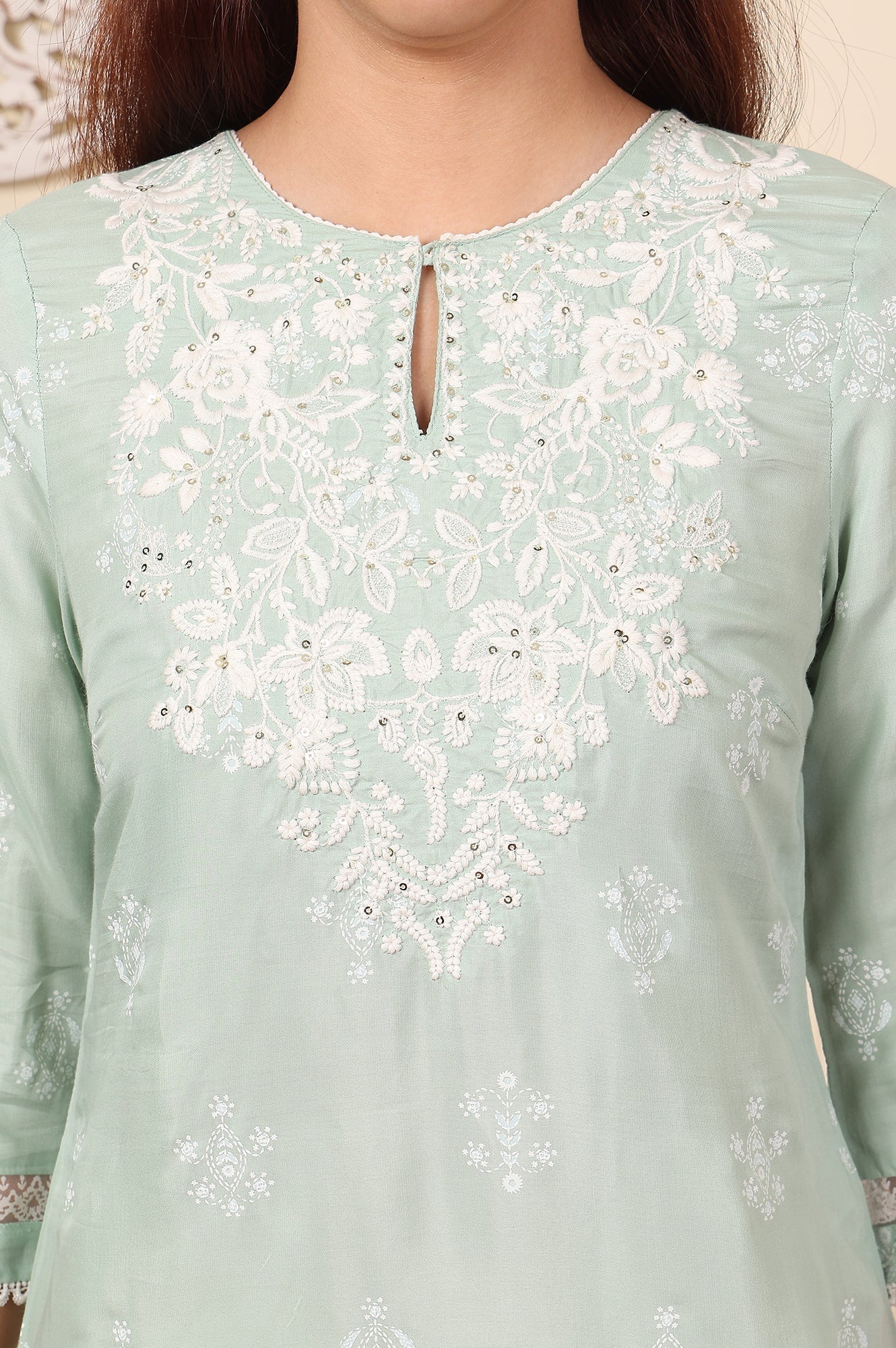 W for Woman Mint Green Floral Printed Chikankari Straight Kurta