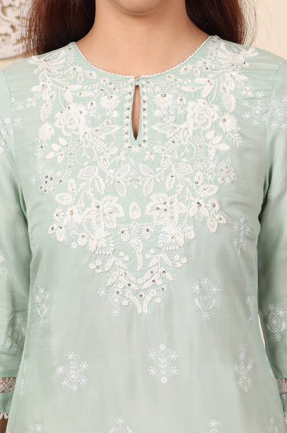 W for Woman Mint Green Floral Printed Chikankari Straight Kurta