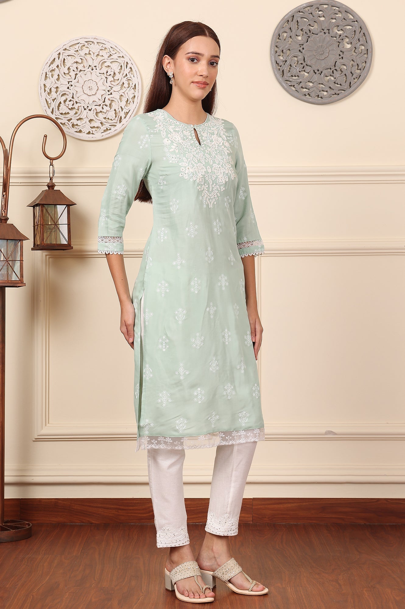 W for Woman Mint Green Floral Printed Chikankari Straight Kurta