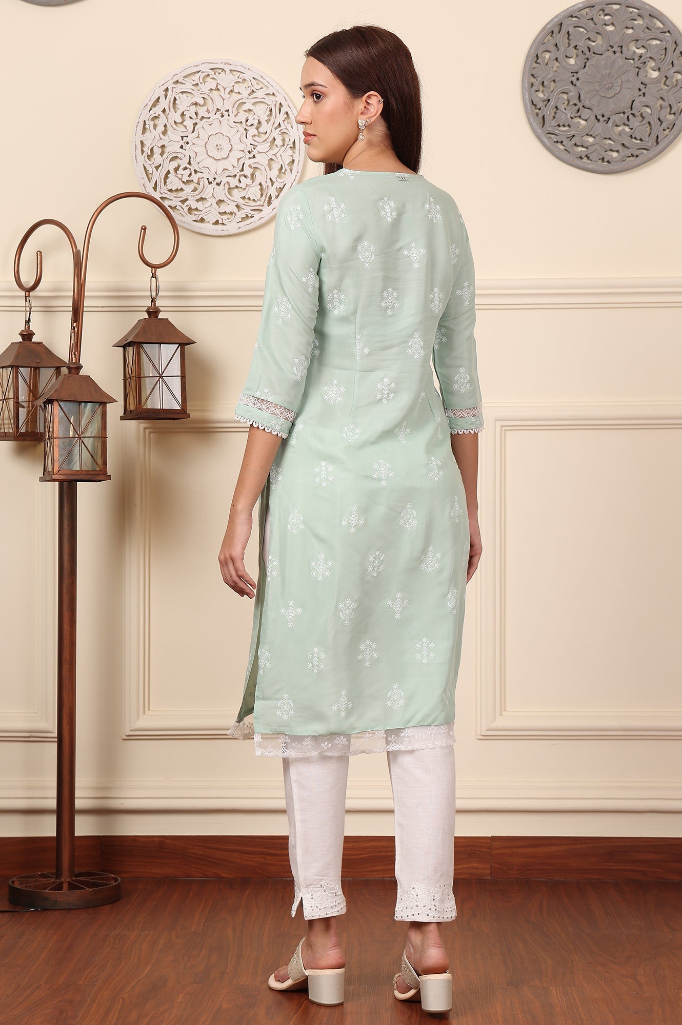 W for Woman Mint Green Floral Printed Chikankari Straight Kurta