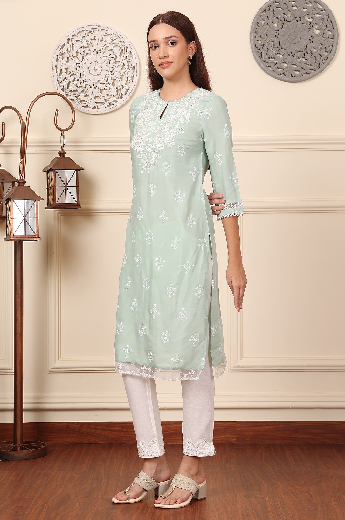 W for Woman Mint Green Floral Printed Chikankari Straight Kurta