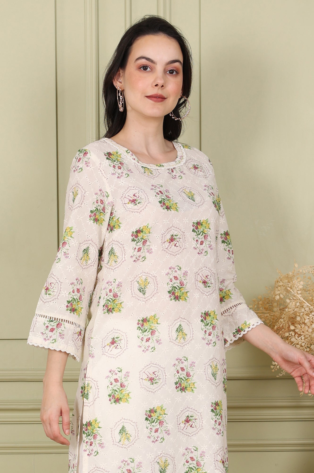 W for Woman White Floral Printed Schiffli Pure Cotton Straight Kurta