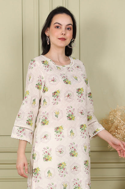 W for Woman White Floral Printed Schiffli Pure Cotton Straight Kurta