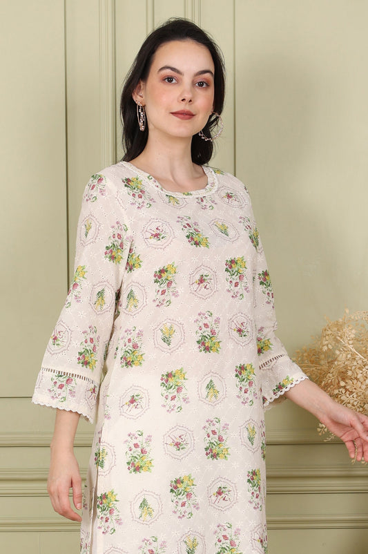 W for Woman White Floral Printed Schiffli Pure Cotton Straight Kurta