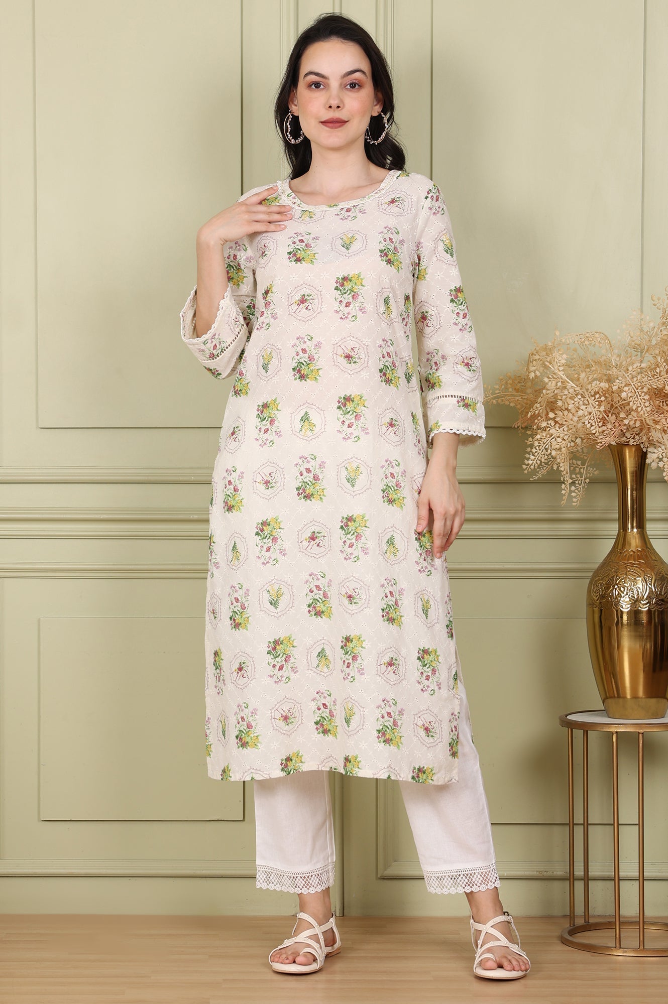 W for Woman White Floral Printed Schiffli Pure Cotton Straight Kurta