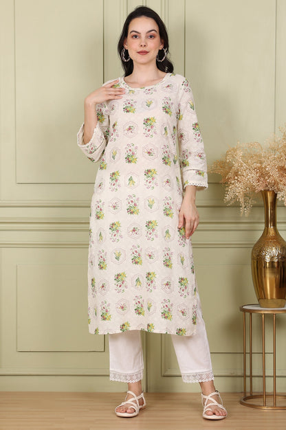 W for Woman White Floral Printed Schiffli Pure Cotton Straight Kurta