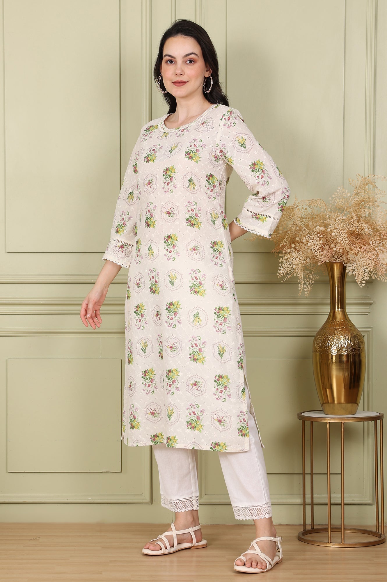 W for Woman White Floral Printed Schiffli Pure Cotton Straight Kurta