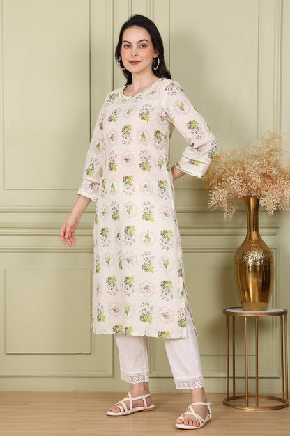 W for Woman White Floral Printed Schiffli Pure Cotton Straight Kurta