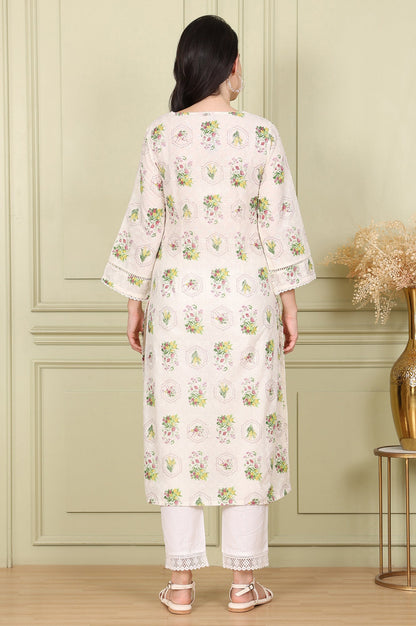 W for Woman White Floral Printed Schiffli Pure Cotton Straight Kurta